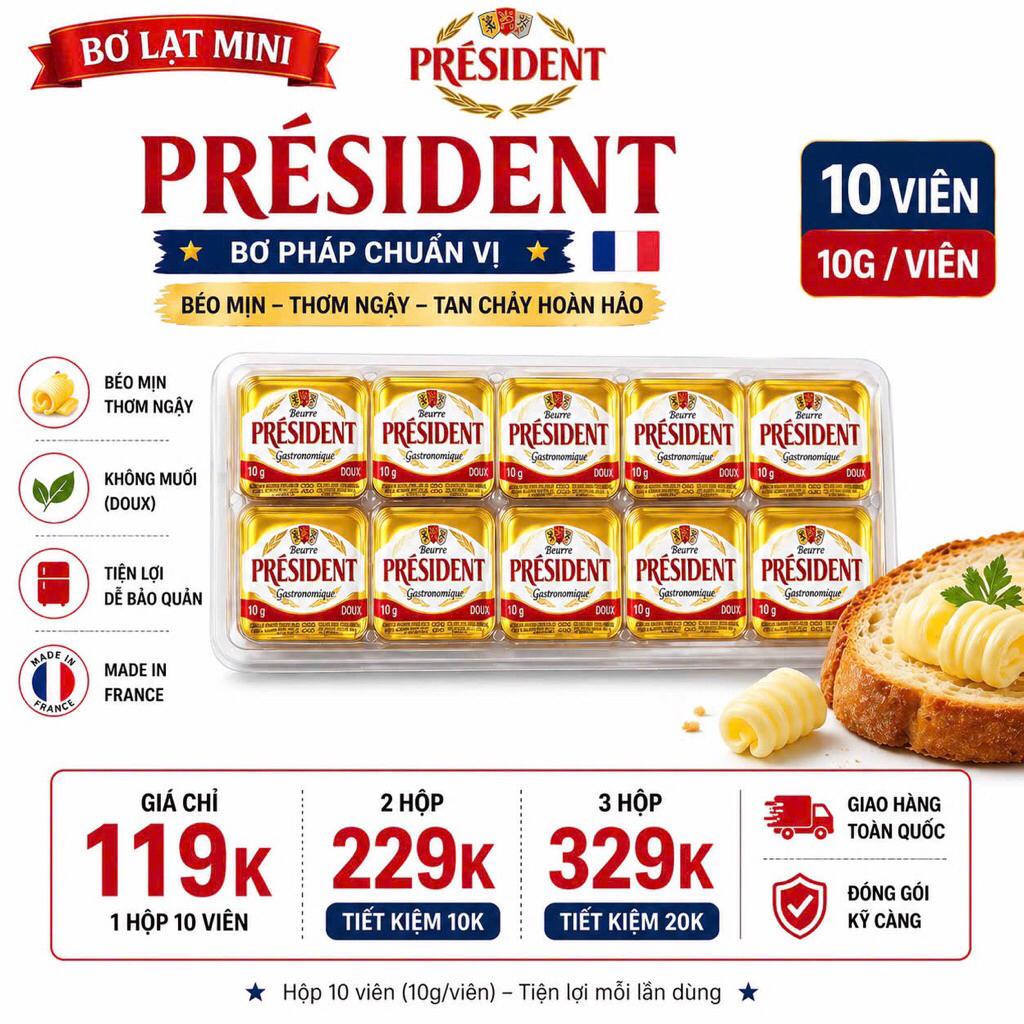 BƠ LẠT MINI PRÉSIDENT –10G x 10 VIÊN – TIỆN LỢI MỖI LẦN DÙNG