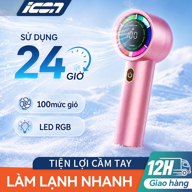 Quạt cầm tay ICON 100 mức gió, làm mát nhanh, pin dùng 24 giờ, đèn LED RGB, tiện lợi mang đi