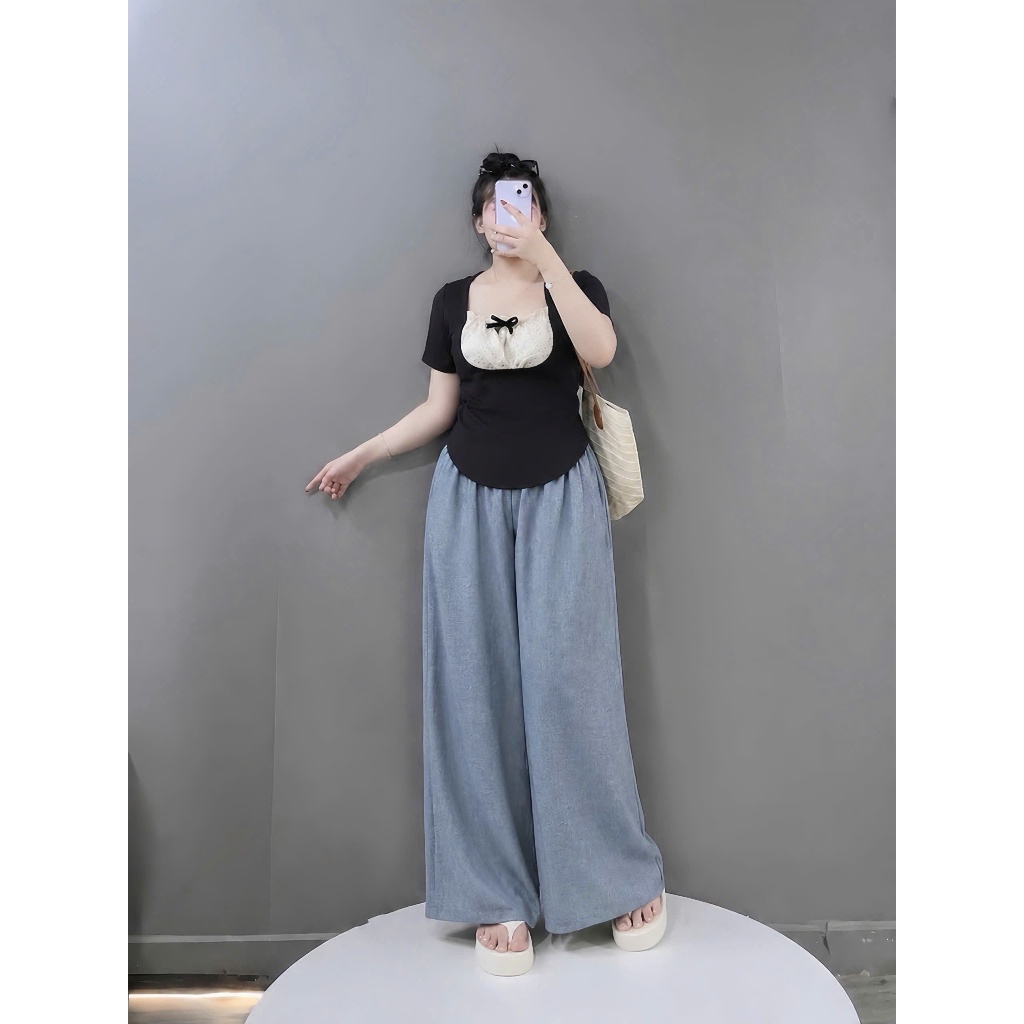 Sét đồ bigsize nữ quần suông dài ống rộng phối áo kiểu ren tay ngắn mặc cực xinh 55-93kg G264+Q564