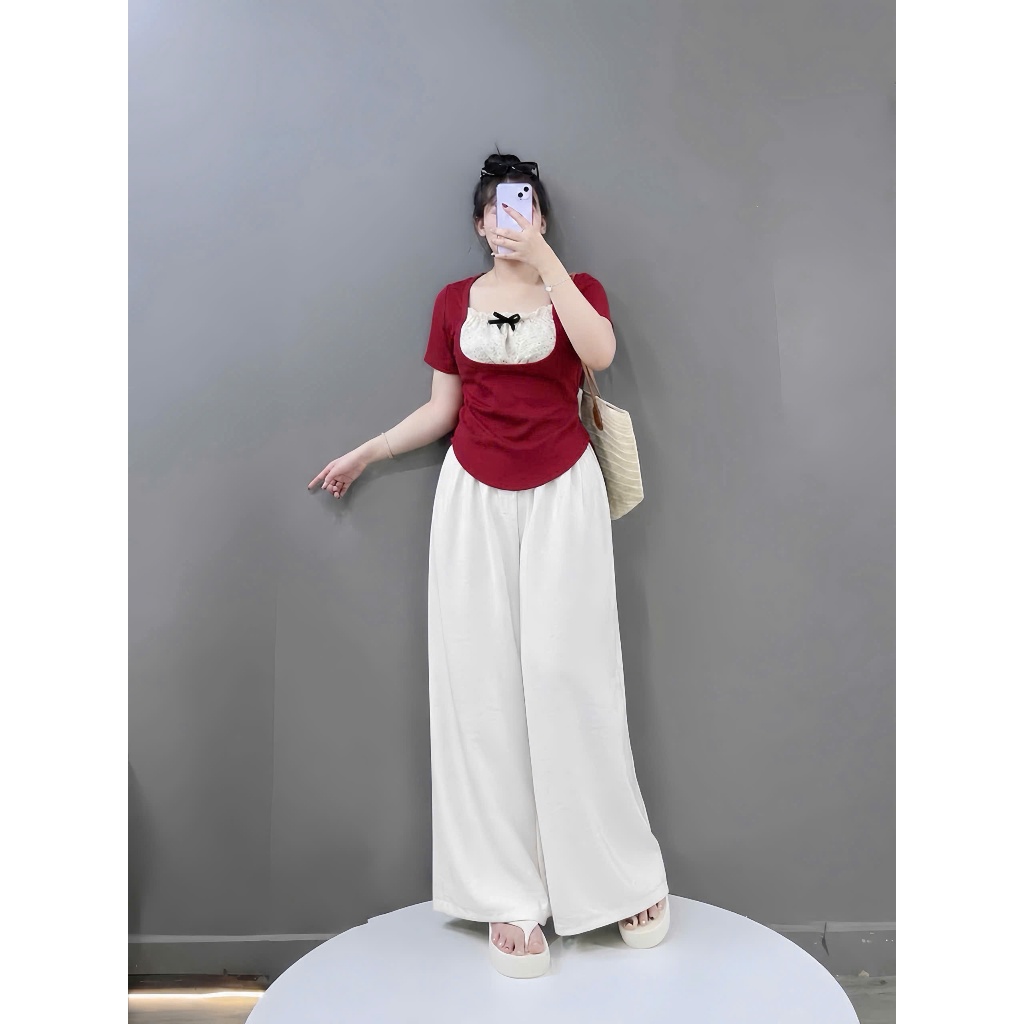 Sét đồ bigsize nữ quần suông dài ống rộng phối áo kiểu ren tay ngắn mặc cực xinh 55-93kg G264+Q564
