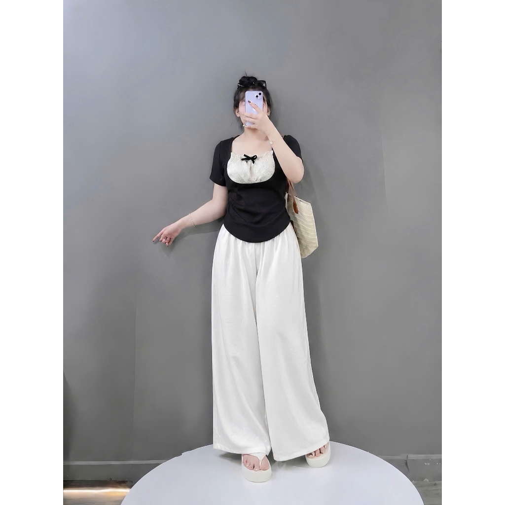 Sét đồ bigsize nữ quần suông dài ống rộng phối áo kiểu ren tay ngắn mặc cực xinh 55-93kg G264+Q564