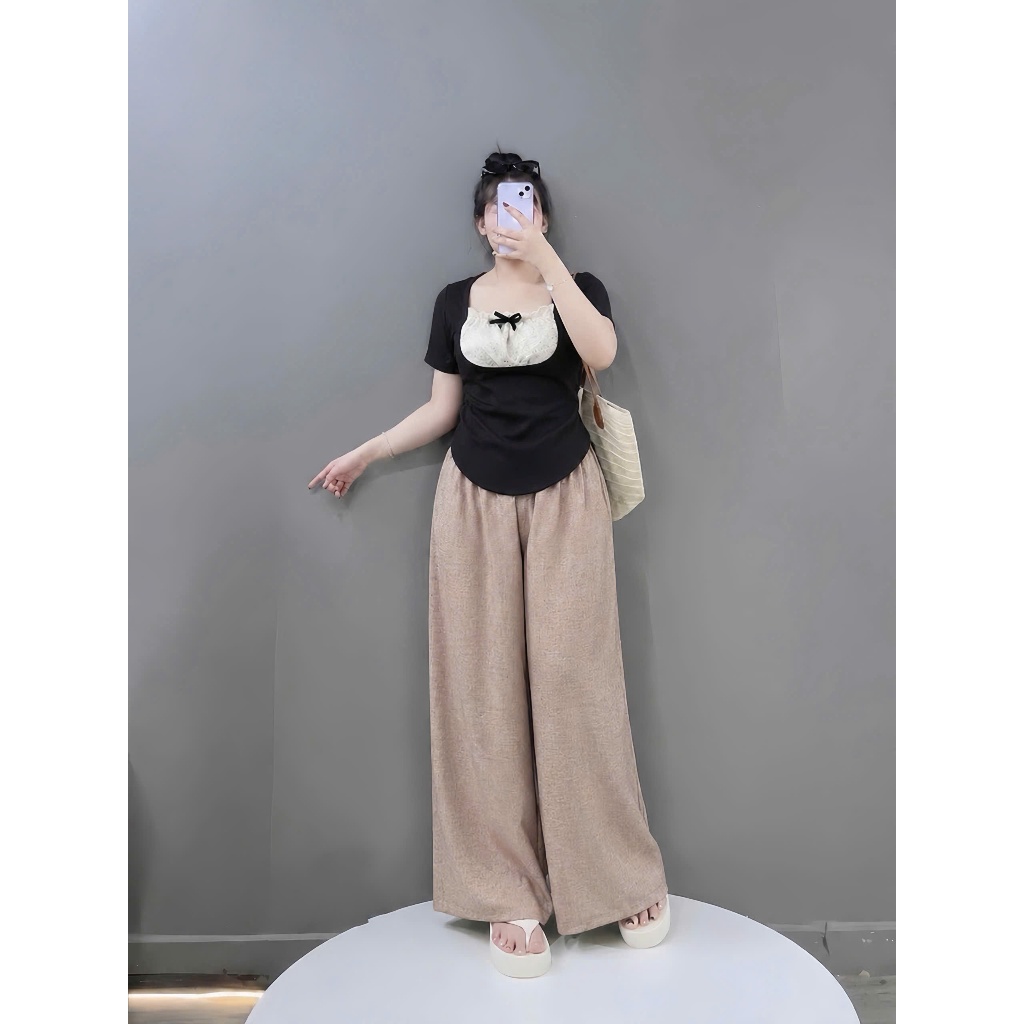 Sét đồ bigsize nữ quần suông dài ống rộng phối áo kiểu ren tay ngắn mặc cực xinh 55-93kg G264+Q564