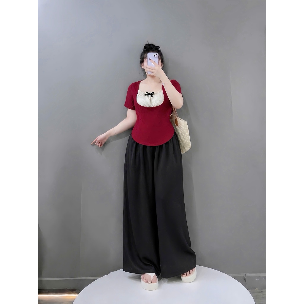 Sét đồ bigsize nữ quần suông dài ống rộng phối áo kiểu ren tay ngắn mặc cực xinh 55-93kg G264+Q564