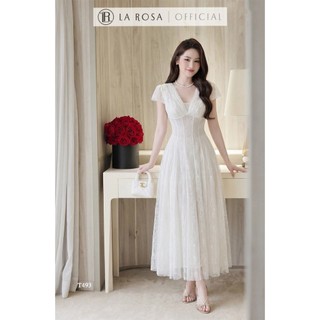 Đầm Ren Dáng Dài Tiểu Thư La Rosa Đầm Dự Tiệc Cổ V Tay Ngắn Chiết Eo Tôn Dáng T493