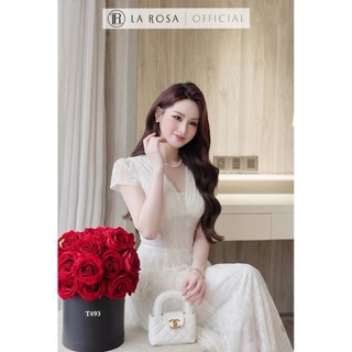 Đầm Ren Dáng Dài Tiểu Thư La Rosa Đầm Dự Tiệc Cổ V Tay Ngắn Chiết Eo Tôn Dáng T493
