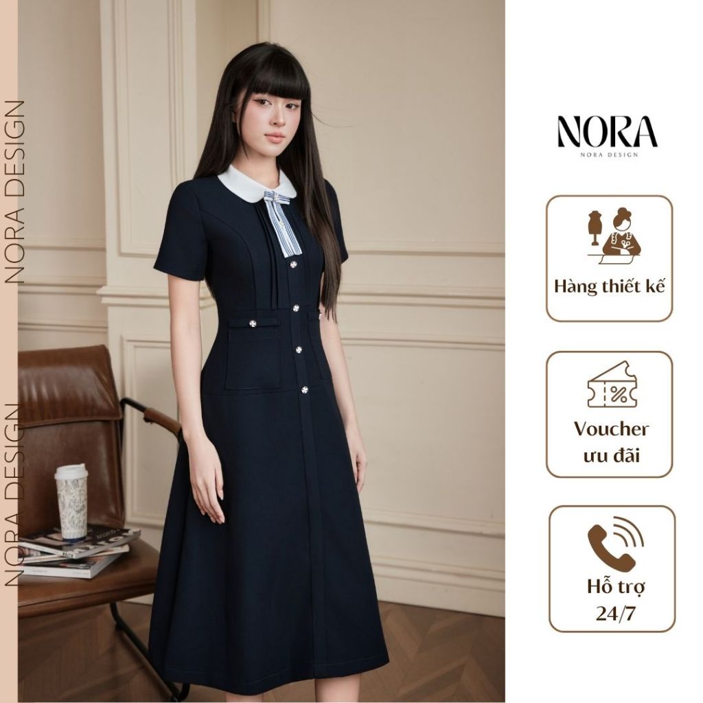 Đầm Thiết Kế Công Sở NORA, Váy Dáng A Xòe Cổ Sen Phối Nơ Kẻ Tuyết Hàn Ép Mùng Cao Cấp T501