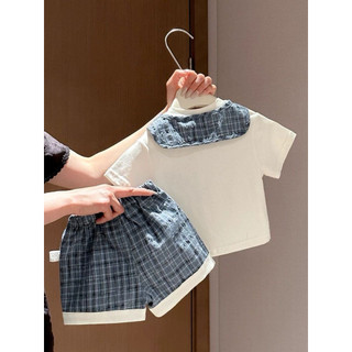 Set bộ áo cổ thuỷ thủ mix quần short kẻ caro mùa hè cho bé trai
