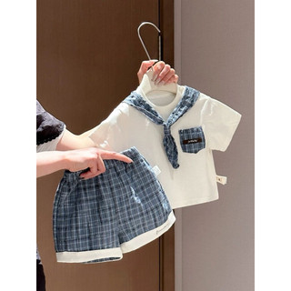 Set bộ áo cổ thuỷ thủ mix quần short kẻ caro mùa hè cho bé trai