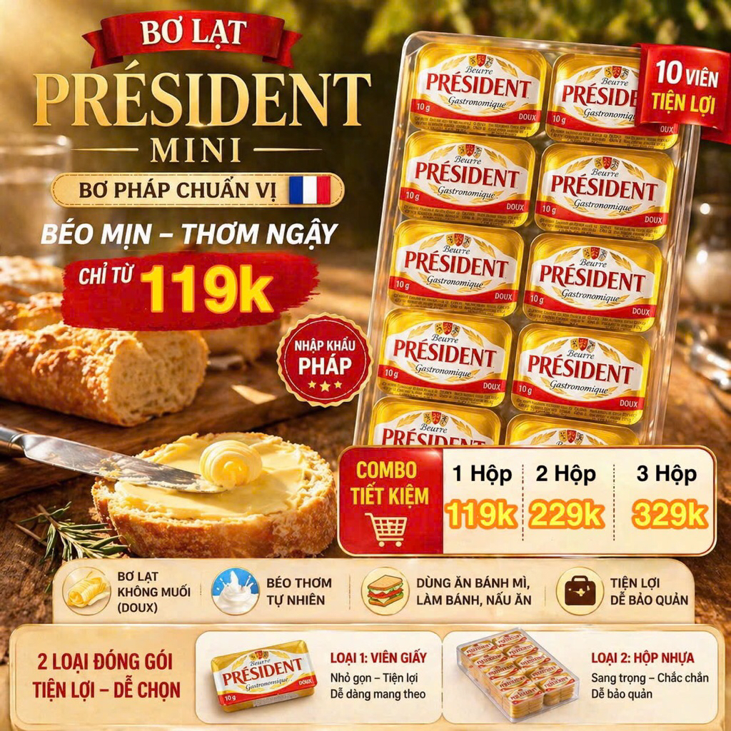 BƠ LẠT MINI PRÉSIDENT –10G x 10 VIÊN – TIỆN LỢI MỖI LẦN DÙNG