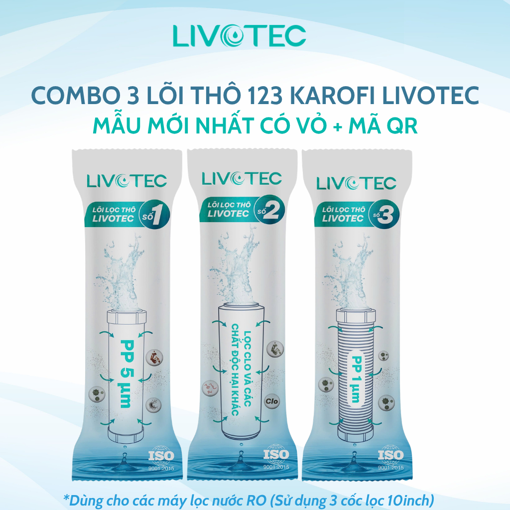 Combo Lõi Lọc Thô 123 Karofi Livotec (Thêm 1 Đến 2 Lõi Số 1) Có Serial Chính Hãng Thay Thế Được Cho Cốc Lọc 10Inch