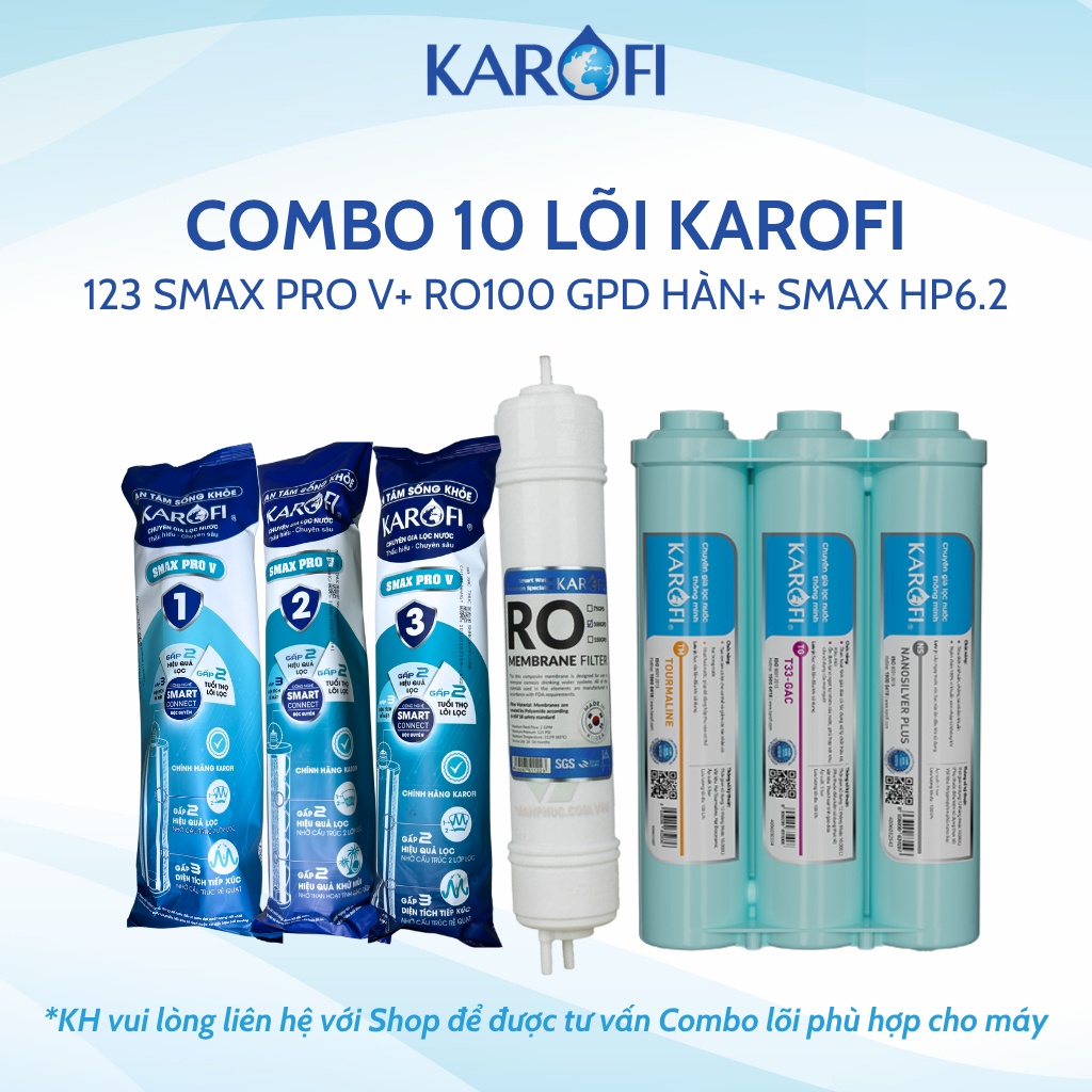 Bộ 10 lõi lọc nước Karofi gồm 123 Smax Pro V, Màng Ro Hàn 100GPD, bộ lọc chức năng Smax HP 6.2 cho model KAQ-X16