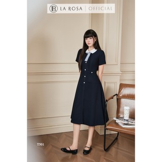 Đầm Công Sở Dáng Chữ A Thanh lịch La Rosa Đầm Cổ Sen Phối Nơ Đính Cúc Tiểu Thư T501