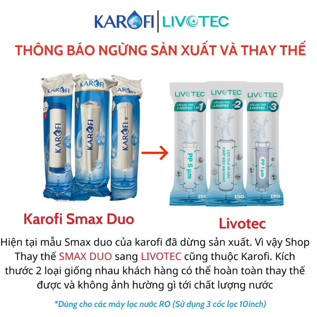 Trọn bộ Combo 8 lõi lọc nước Karofi chính hãng 123 Livotec, lõi 45678 - T33, Mineral, FarinFrared, Na