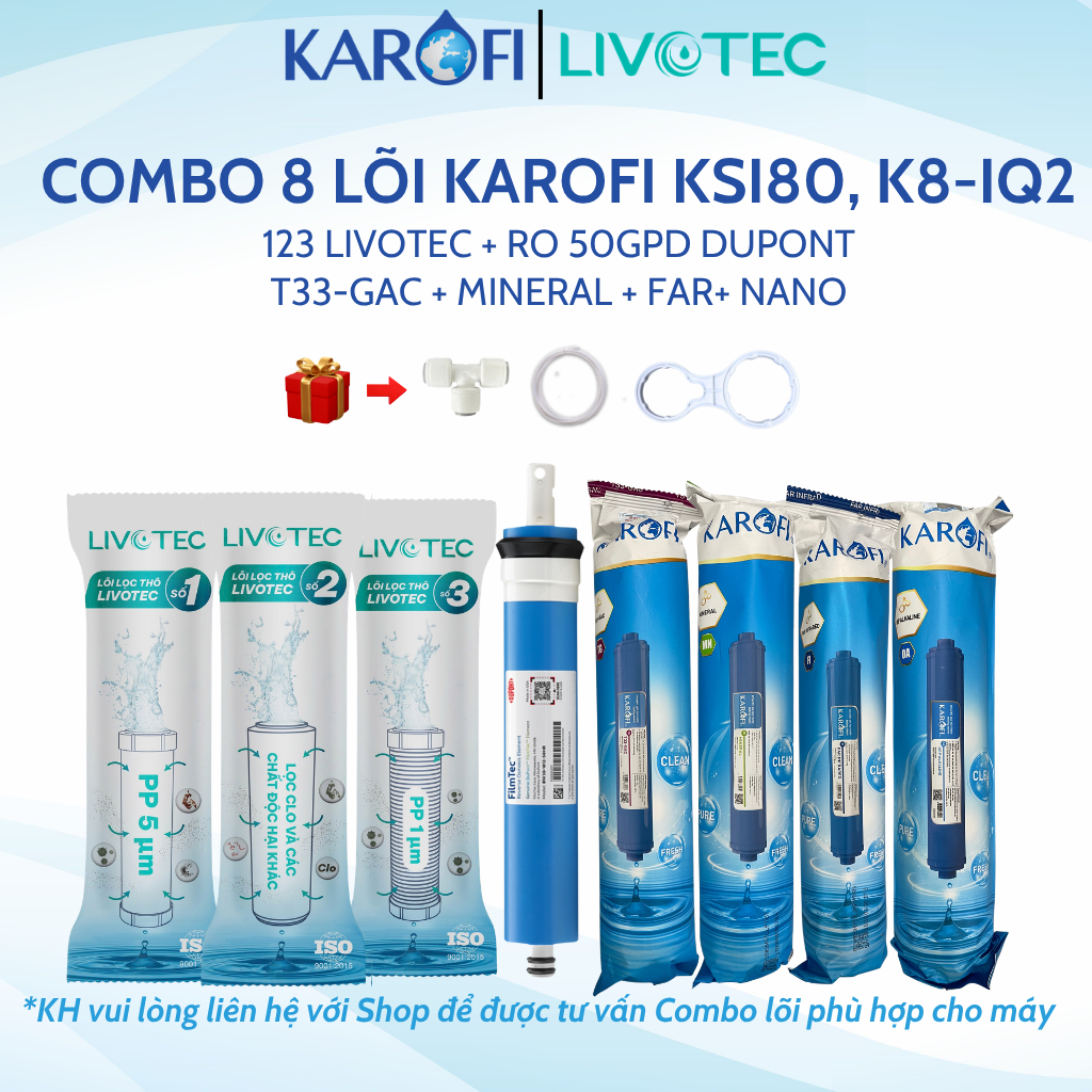 Trọn bộ Combo 8 lõi lọc nước Karofi chính hãng 123 Livotec, lõi 45678 - T33, Mineral, FarinFrared, Na