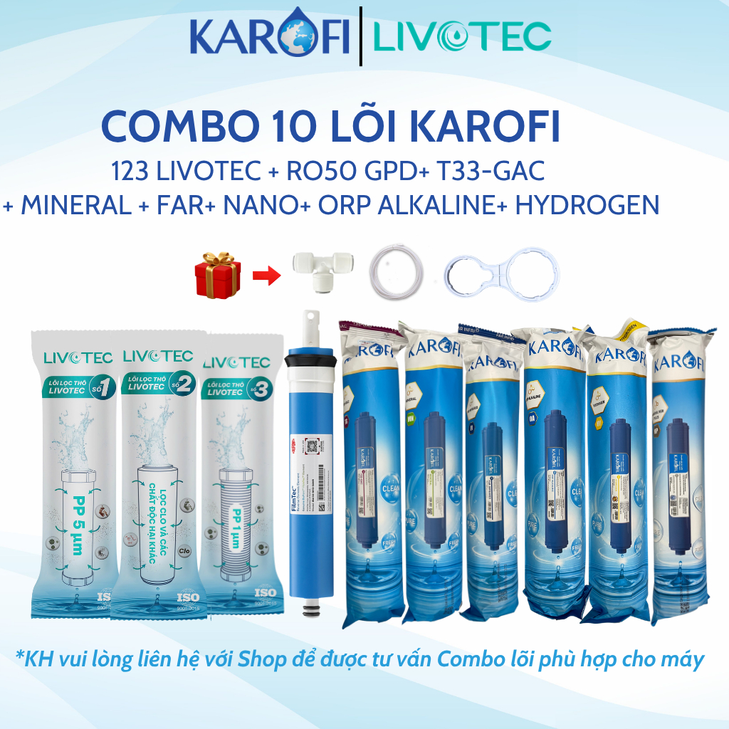 Combo 10 lõi lọc Karofi lắp được cho các dòng máy RO (123, RO 50GPD, T33, Mineral, Far, Nano, Orp, Hydrogen)