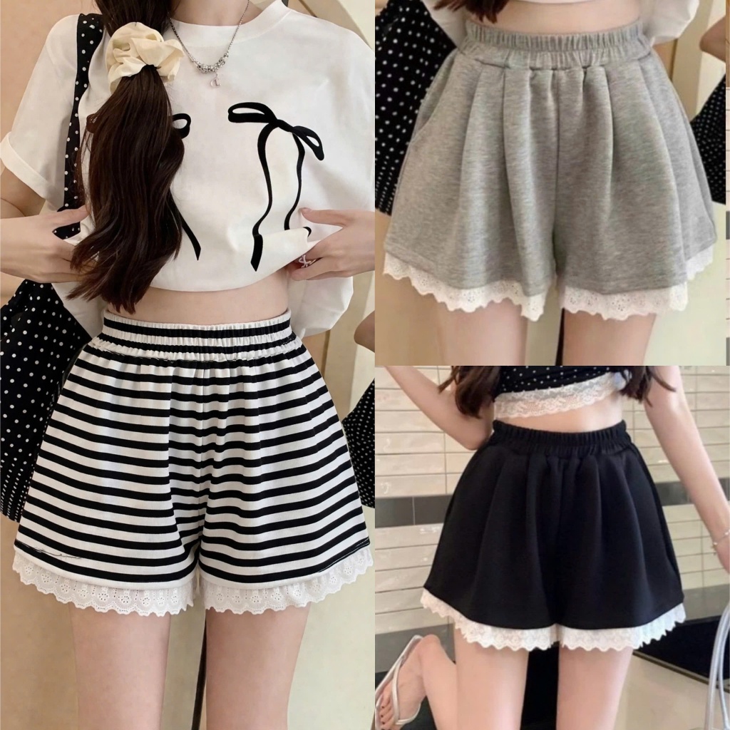 Quần short bigsize nữ chất cotton sọc phối ren,cạp chun thoải mái, form suông rộng 55-95kg Q578-Q579