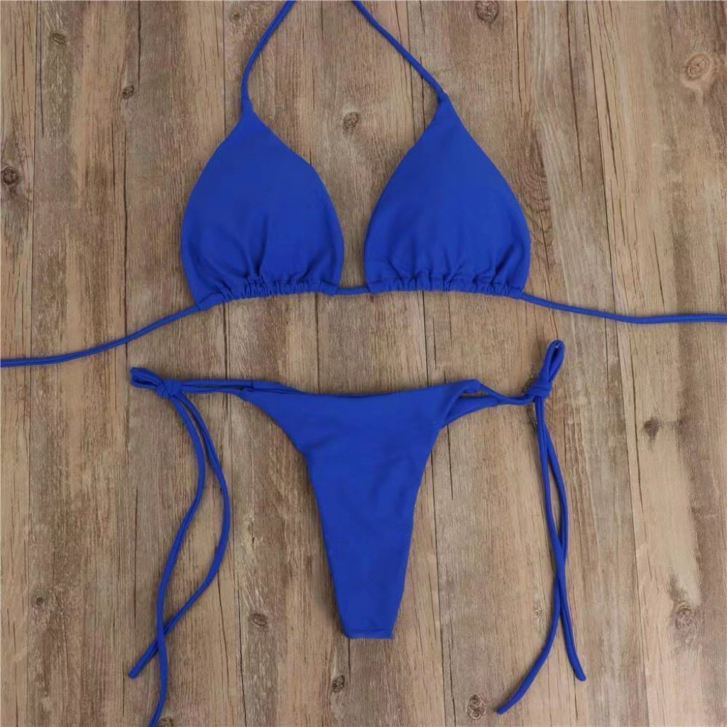 Đồ Bơi Nữ 2 Mảnh Màu Hồng Trơn, Bikini Dây Buộc Điều Chỉnh, Set Đi Biển Phong Cách Tối Giản