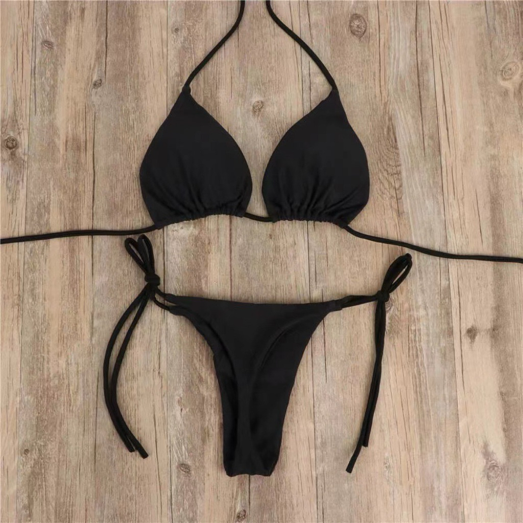 Đồ Bơi Nữ 2 Mảnh Màu Hồng Trơn, Bikini Dây Buộc Điều Chỉnh, Set Đi Biển Phong Cách Tối Giản