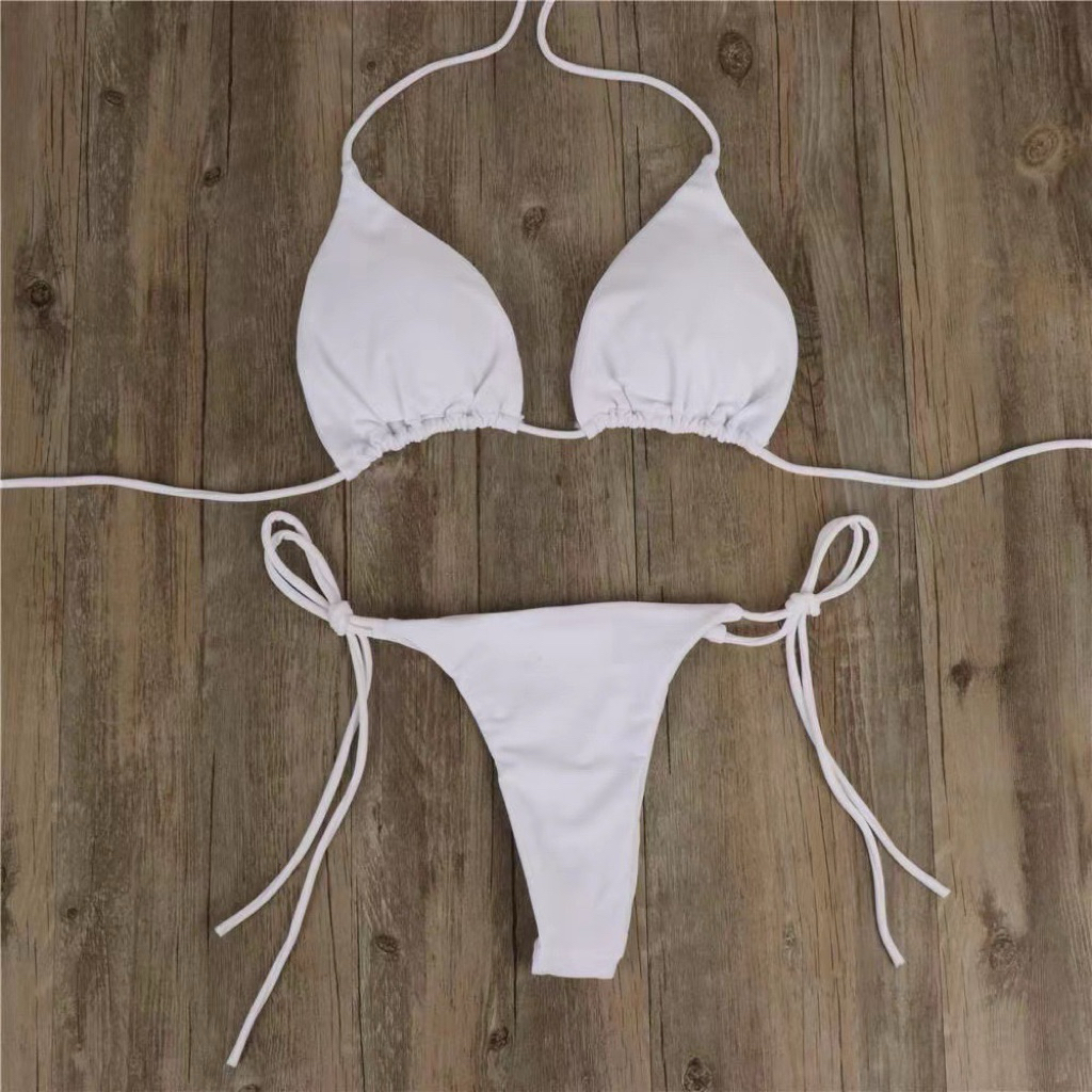 Đồ Bơi Nữ 2 Mảnh Màu Hồng Trơn, Bikini Dây Buộc Điều Chỉnh, Set Đi Biển Phong Cách Tối Giản