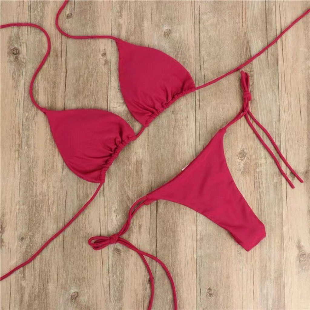 Đồ Bơi Nữ 2 Mảnh Màu Hồng Trơn, Bikini Dây Buộc Điều Chỉnh, Set Đi Biển Phong Cách Tối Giản
