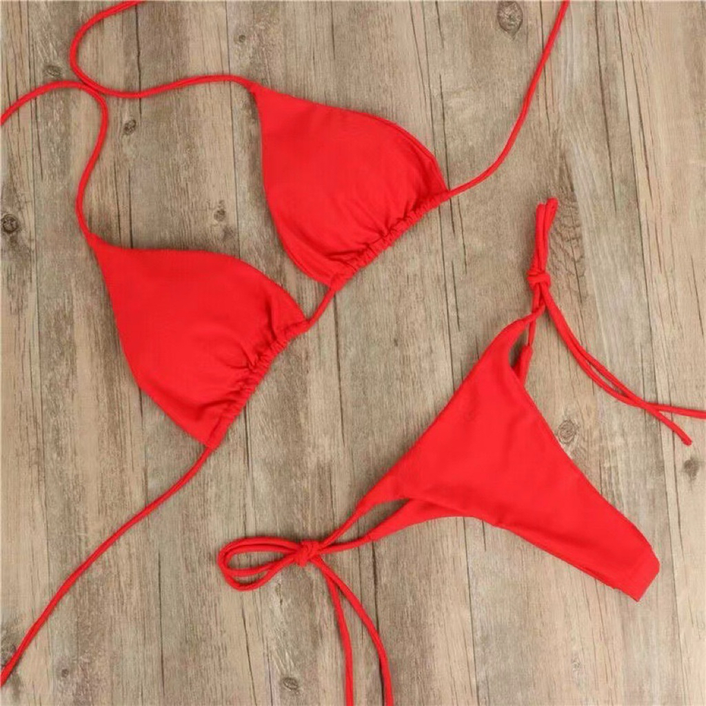 Đồ Bơi Nữ 2 Mảnh Màu Hồng Trơn, Bikini Dây Buộc Điều Chỉnh, Set Đi Biển Phong Cách Tối Giản