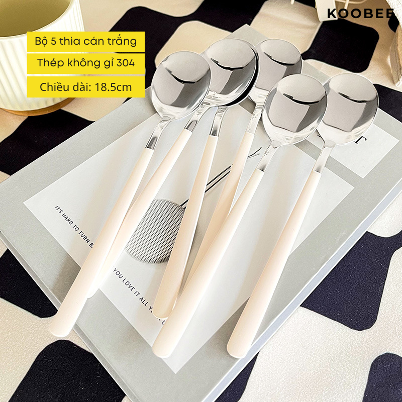Bộ 5 Thìa Muỗng Ăn Cơm Cán Dài Inox 304 Cao Cấp - Bộ Thìa Trắng Phong Cách Hàn Quốc Ăn Cơm, Phở, Cháo, Soup (BA26)