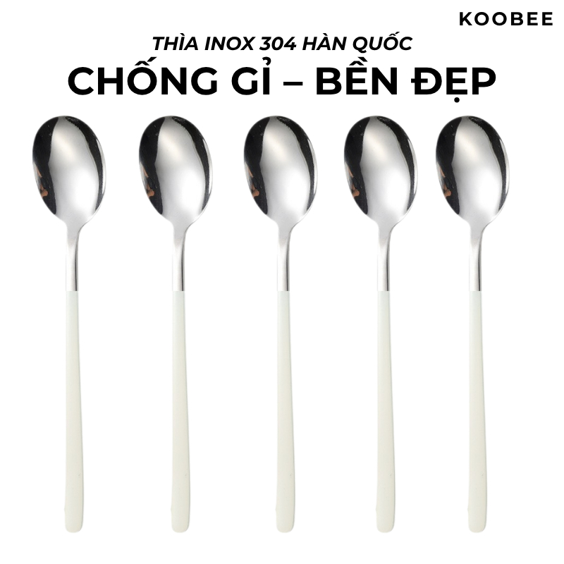 Bộ 5 Thìa Muỗng Ăn Cơm Cán Dài Inox 304 Cao Cấp - Bộ Thìa Trắng Phong Cách Hàn Quốc Ăn Cơm, Phở, Cháo, Soup (BA26)