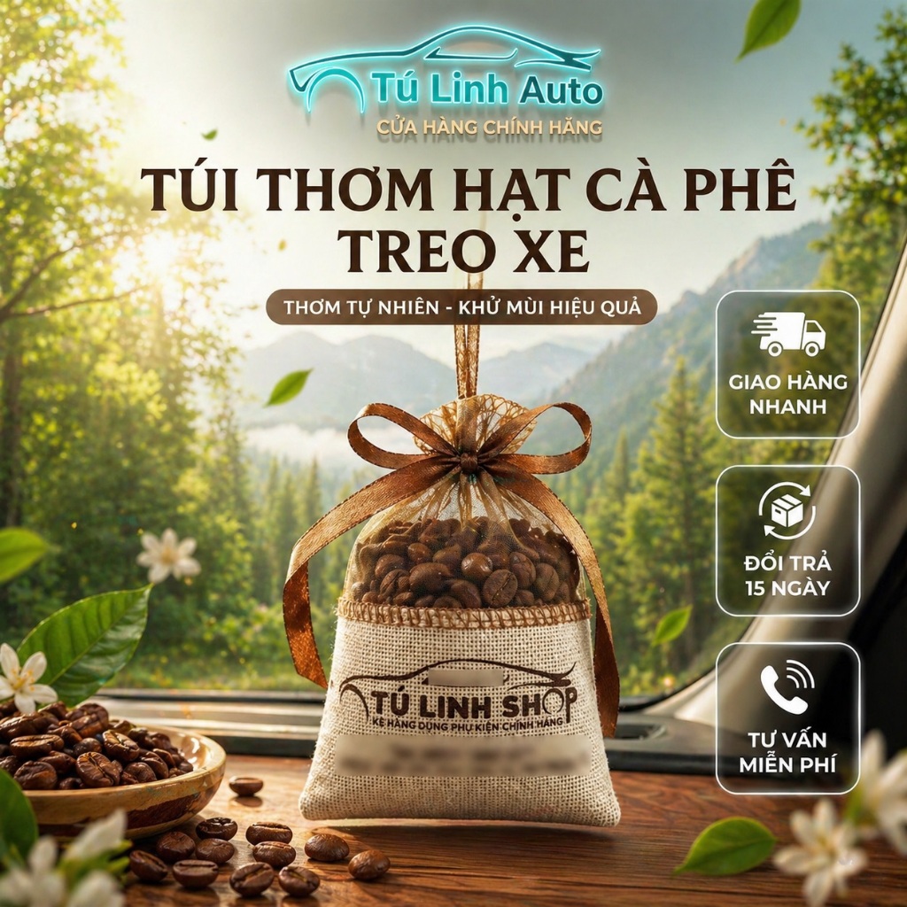 Túi thơm hạt cà phê treo xe ô tô, tủ quần áo, phòng khách, phòng bếp khử mùi ẩm mốc