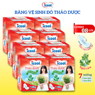 Băng vê sinh ICOOL Thảo Đỏ Dược Ngải Cứu 7 miếng BVS mặt Vải Caro 3D Mềm êm Có Cánh Không Mát KhửMùi