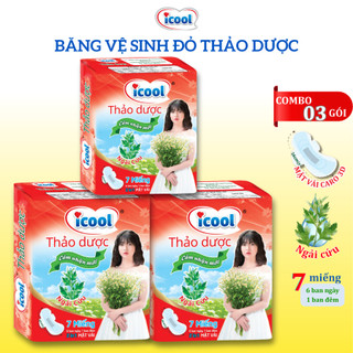 Băng vê sinh ICOOL Thảo Đỏ Dược Ngải Cứu 7 miếng BVS mặt Vải Caro 3D Mềm êm Có Cánh Không Mát KhửMùi