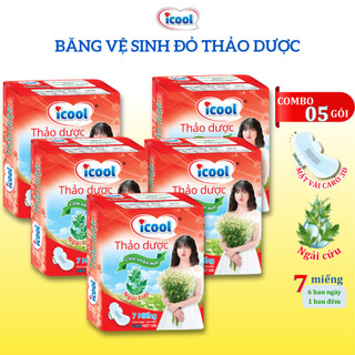 Băng vê sinh ICOOL Thảo Đỏ Dược Ngải Cứu 7 miếng BVS mặt Vải Caro 3D Mềm êm Có Cánh Không Mát KhửMùi
