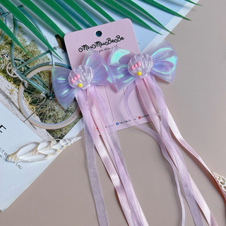 Set 2 kẹp nơ nhũ charm vỏ sò tua rua phù hợp mùa hè