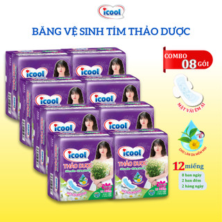 Băng Vệ Sinh ICOOL Tím Thảo Dược 12 miếng kết hợp 3 in 1 BVS Mặt Vải Mềm, Không Mát, Có Cánh Khử Mùi