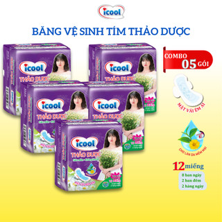 Băng Vệ Sinh ICOOL Tím Thảo Dược 12 miếng kết hợp 3 in 1 BVS Mặt Vải Mềm, Không Mát, Có Cánh Khử Mùi