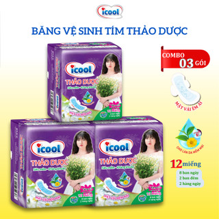 Băng Vệ Sinh ICOOL Tím Thảo Dược 12 miếng kết hợp 3 in 1 BVS Mặt Vải Mềm, Không Mát, Có Cánh Khử Mùi