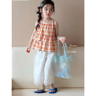 [B&G] Sét bộ mùa hè áo kẻ 2 dây kèm quần suông trắng nhẹ nhàng tiểu thư cho bé gái từ 10-45kg