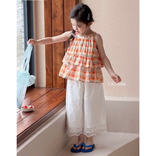[B&G] Sét bộ mùa hè áo kẻ 2 dây kèm quần suông trắng nhẹ nhàng tiểu thư cho bé gái từ 10-45kg