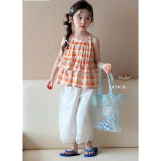 [B&G] Sét bộ mùa hè áo kẻ 2 dây kèm quần suông trắng nhẹ nhàng tiểu thư cho bé gái từ 10-45kg