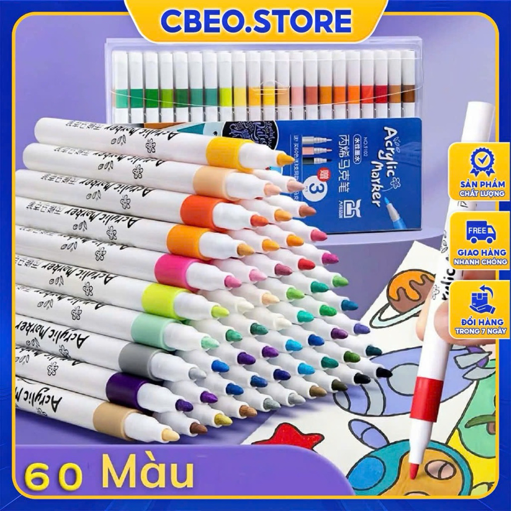 Hộp 60/120 bút màu Acrylic Marker cao cấp chống nước màu sắc tươi sáng - Bút lông màu vẽ trên mọi chất liệu
