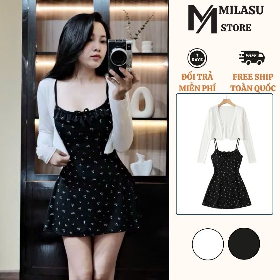Set Váy 2 Dây  Hoa Nhí Ôm Body Kèm Khoác Choàng Milasu Đầm Dáng Ngắn Mix Áo Dài Mỏng 530
