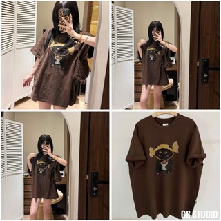 ÁO PHÔNG NÂU FORM RỘNG IN HÌNH CHÚ MÈO ĐEN HOẠT HÌNH OVERSIZE