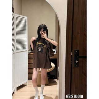 ÁO PHÔNG NÂU FORM RỘNG IN HÌNH CHÚ MÈO ĐEN HOẠT HÌNH OVERSIZE