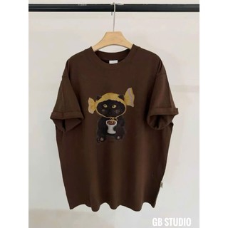 ÁO PHÔNG NÂU FORM RỘNG IN HÌNH CHÚ MÈO ĐEN HOẠT HÌNH OVERSIZE