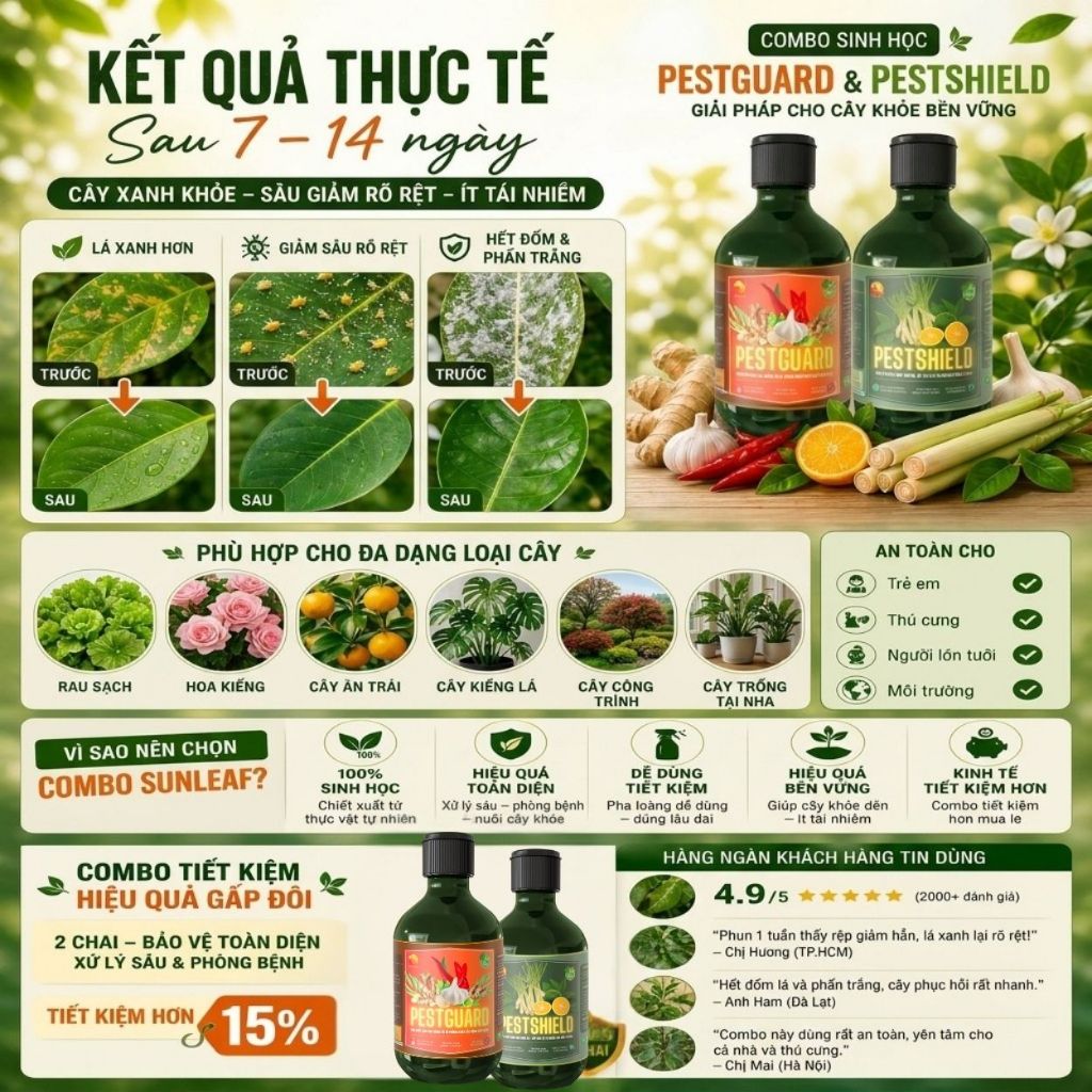 Combo Phòng Côn Trùng Hại & Hạn Chế Nấm Lá Vi Khuẩn Hữu Cơ SUNLEAF Cho Phong Lan Rau Màu Hoa Hồng