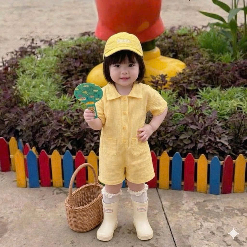 Sẵn Ship--Jumpsuit Tone Vàng đi biển vải Thô hàn cho bé trai bé gái 7-17kg mặc đi học đi, đi chơi đi biển chụp ảnh đẹp