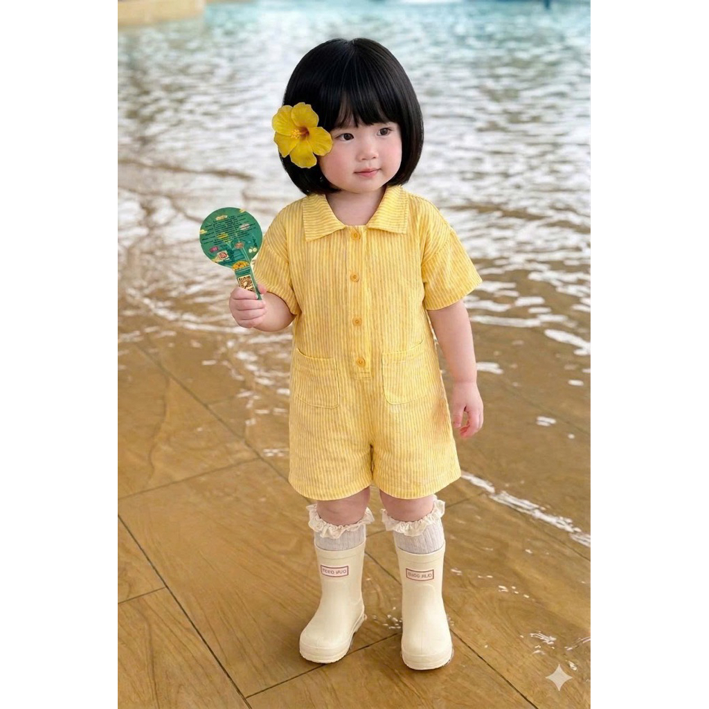 Sẵn Ship--Jumpsuit Tone Vàng đi biển vải Thô hàn cho bé trai bé gái 7-17kg mặc đi học đi, đi chơi đi biển chụp ảnh đẹp