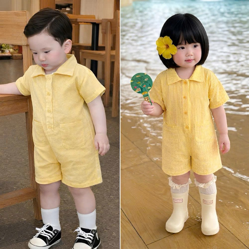 Sẵn Ship--Jumpsuit Tone Vàng đi biển vải Thô hàn cho bé trai bé gái 7-17kg mặc đi học đi, đi chơi đi biển chụp ảnh đẹp