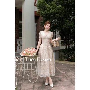 Váy Tiệc Ren Hoa 3D Xoè Dáng Dài Thiết Kế Cao Cấp - Kim Thoa Design