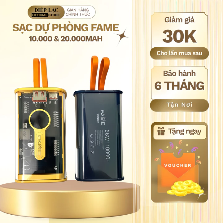Sạc dự phòng FAME 10.000-20.000mAh trong suốt, có sẵn dây sạc, Sạc dự phòng sạc nhanh《Sạc dự phòng FAME