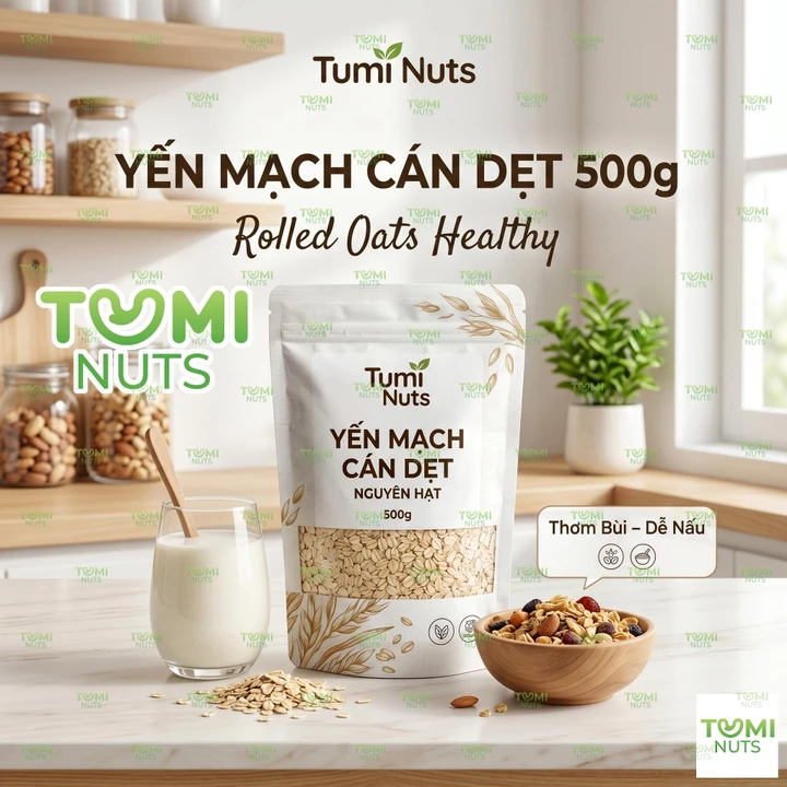 Yến Mạch Cán Dẹt Nguyên Hạt Tumi Nuts 500g – Rolled Oats Thơm Bùi, Sữa Hạt, Bánh Cháo Yến Mạch